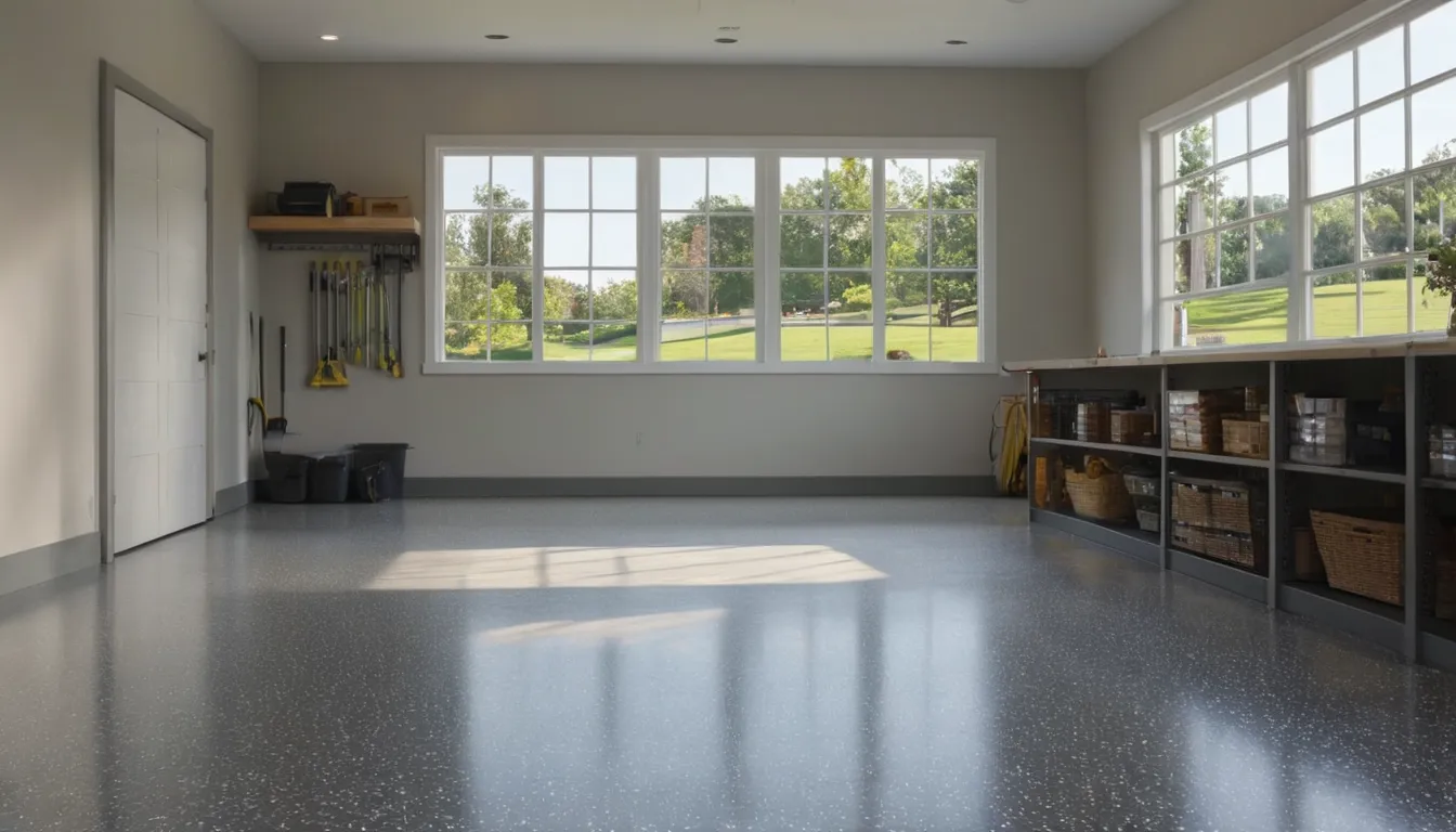 A homeowner and a coating provider looking over a freshly coated polyaspartic garage floor in the Maple Park area